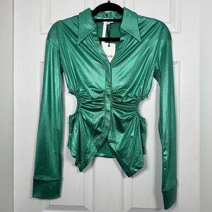 Emerald Green Ruched Satin Blouse Cutout Waist Going Out Top Y2K Size S NWT